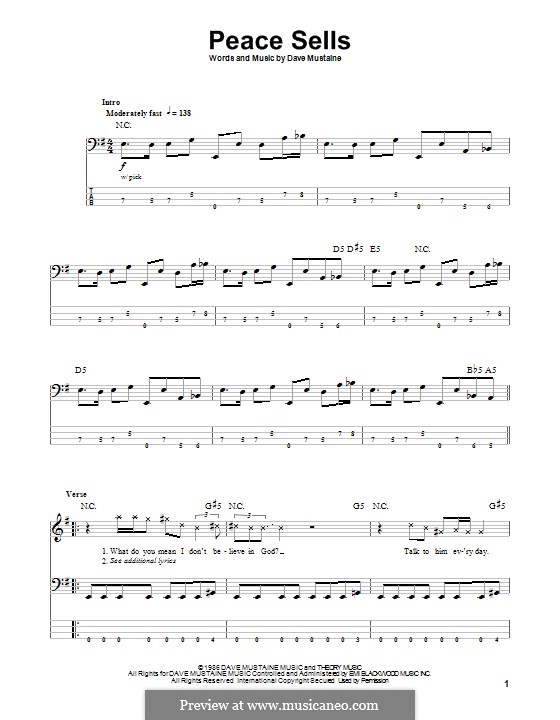 Peace Sells (Megadeth): For bass guitar with tab by Dave Mustaine
