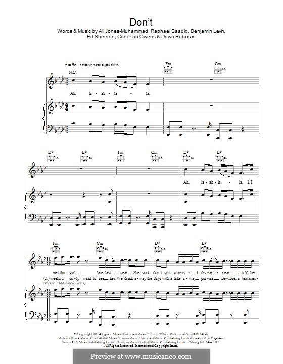 Don't: For voice and piano (or guitar) by Ed Sheeran, Ali Jones-Muhammad, Benjamin Levin, Raphael Saadiq, Conesha Owens, Dawn Robinson