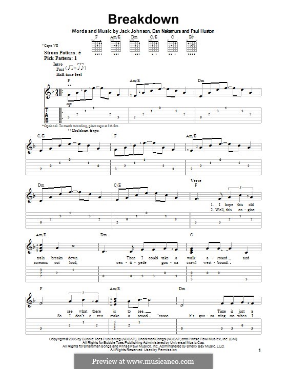 Breakdown (Jack Johnson): For guitar with tab by Daniel Nakamura, Paul Huston