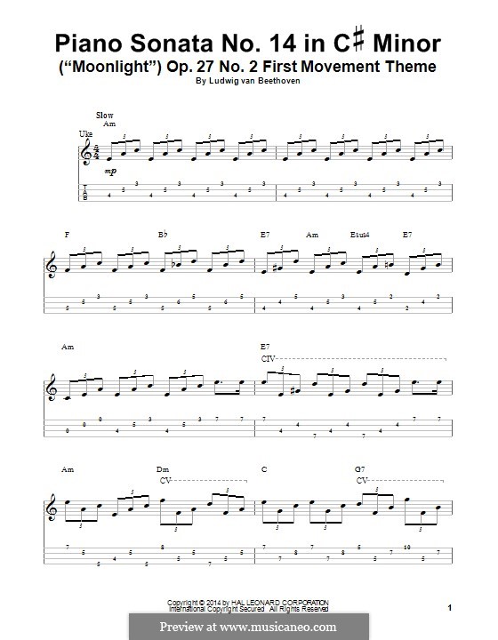 Movement I (Printable scores): Version for ukulele (fragment) by Ludwig van Beethoven