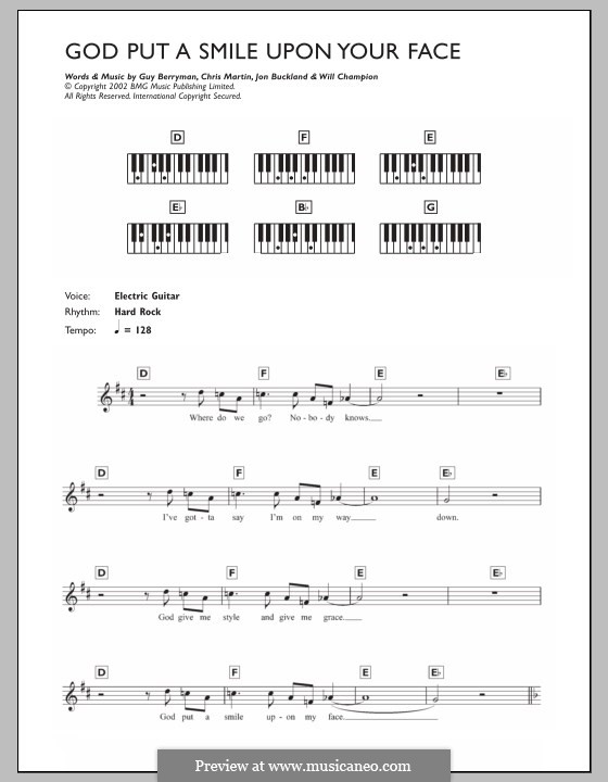 God Put a Smile upon Your Face (Coldplay): For keyboard by Chris Martin, Guy Berryman, Jonny Buckland, Will Champion