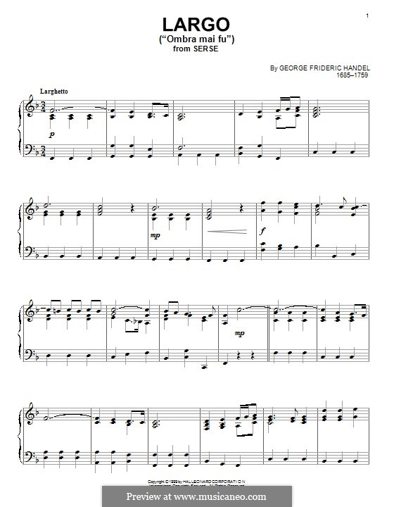 Largo (Ombra mai fu) printable score: For piano by Georg Friedrich Händel