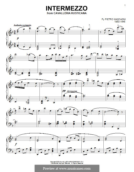 Cavaleria rusticana: Intermezzo, for piano by Pietro Mascagni