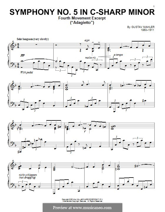 Symphony No.5 in C Sharp Minor: Movement IV (Excerpt), for piano by Gustav Mahler