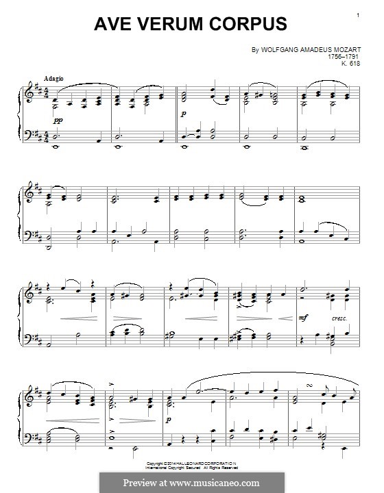 Ave verum corpus (Printabel Scores), K.618: For piano by Wolfgang Amadeus Mozart