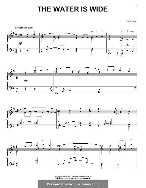 The Water is Wide (O Waly, Waly), Printable scores: For piano by folklore