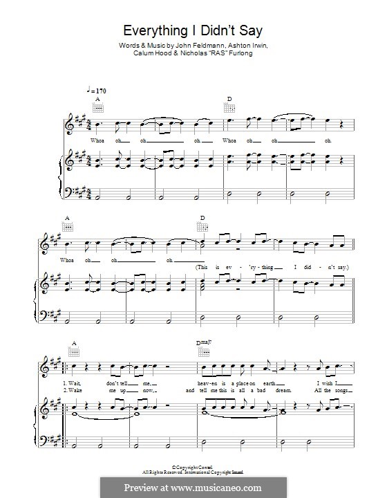 Everything I Didn't Say (5 Seconds of Summer): For voice and piano (or guitar) by John Feldmann, Ashton Irwin, Calum Hood, Nicholas Furlong