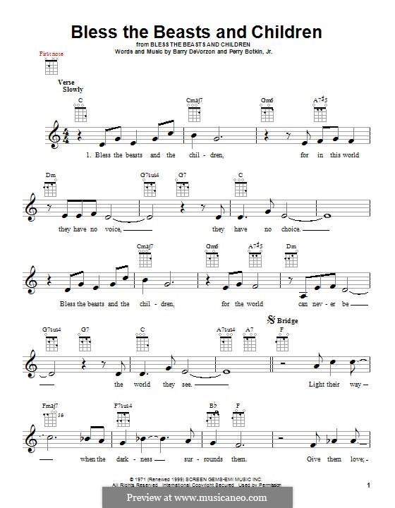 Bless the Beasts and Children (Carpenters): For ukulele by Barry DeVorzon, Perry Botkin Jr.