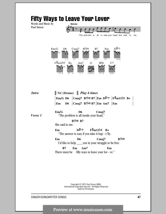 Fifty Ways to Leave Your Lover: Lyrics and chords by Paul Simon