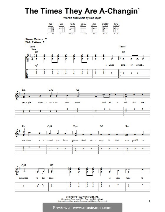 The Times They Are A-Changin': For guitar with tab by Bob Dylan