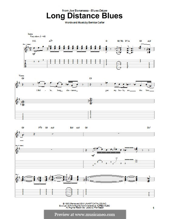 Long Distance Blues (Joe Bonamassa): For guitar with tab by Bernice Carter
