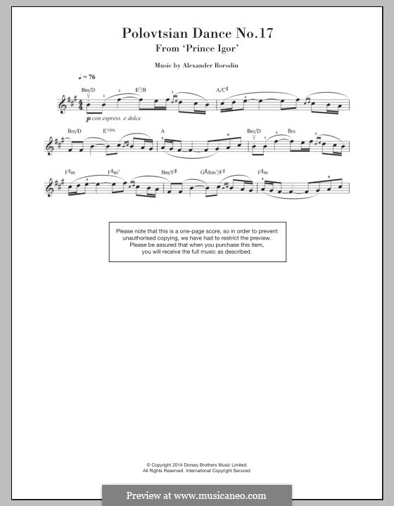Polovtsian Dances (Printable Scores): Theme, for violin by Alexander Borodin