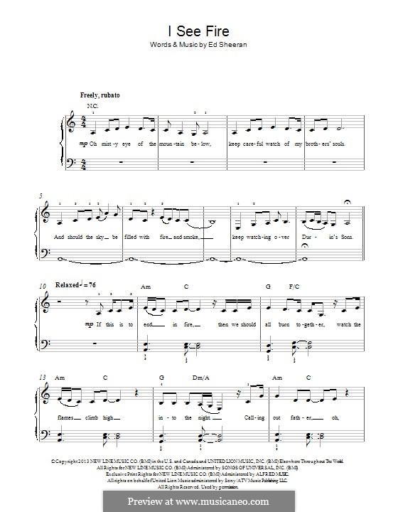 I See Fire From The Hobbit By E Sheeran Sheet Music On Musicaneo