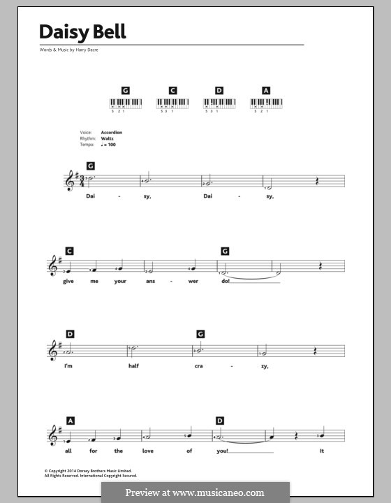 Daisy Bell (Bicycle Built for Two): For keyboard by Harry Dacre