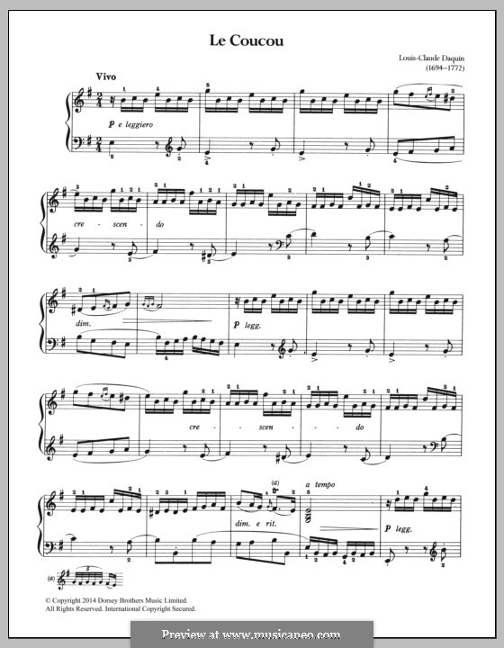 Le coucou (The Cuckoo): For piano by Louis Claude  Daquin