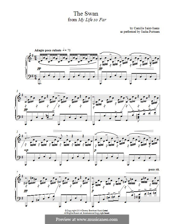 The Swan (printable scores): For piano by Camille Saint-Saëns