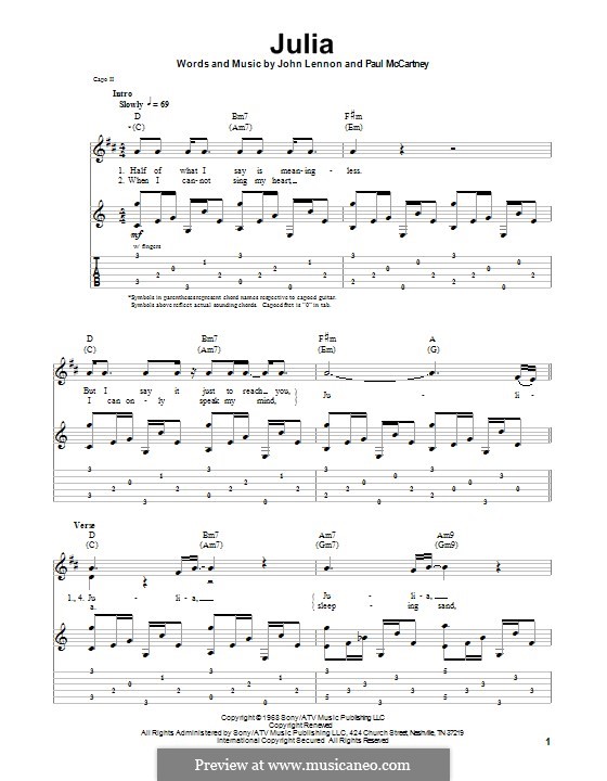 Julia (The Beatles): For guitar with tab by John Lennon, Paul McCartney