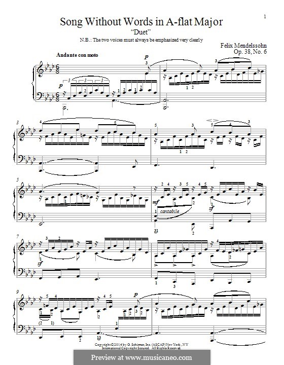 Mendelssohn F., Sechs Lieder ohne Worte, Andante con moto Sheet music for  Piano (Solo)