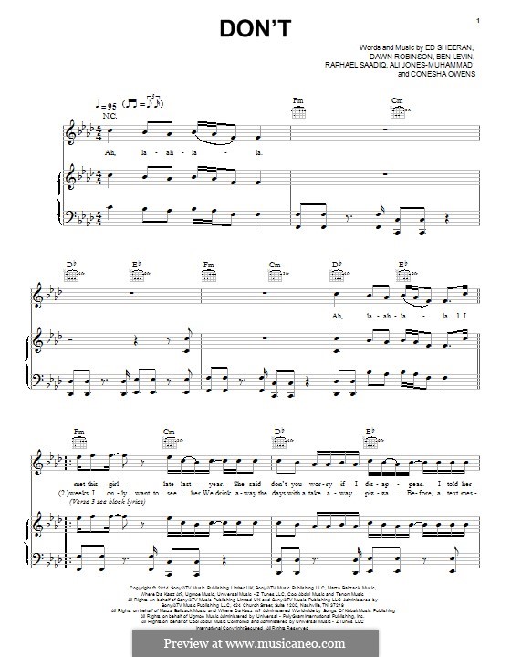 Don't: For voice and piano (or guitar) by Ed Sheeran, Ali Jones-Muhammad, Benjamin Levin, Raphael Saadiq, Conesha Owens, Dawn Robinson