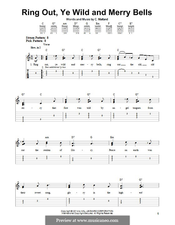 Ring Out, Ye Wild and Merry Bells: For guitar with tab by C. Maitland