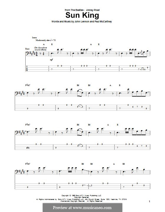 Sun King (The Beatles): For bass guitar with tab by John Lennon, Paul McCartney