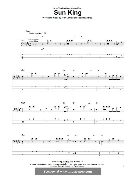 Sun King (The Beatles): For bass guitar with tab by John Lennon, Paul McCartney