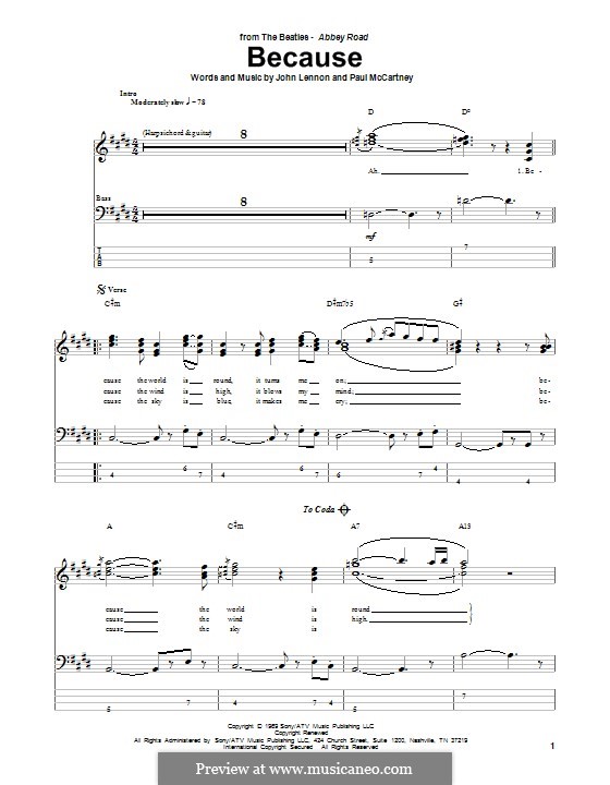 Because (The Beatles): For bass guitar with tab by John Lennon, Paul McCartney