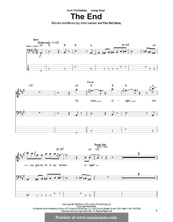 The End (The Beatles): For bass guitar with tab by John Lennon, Paul McCartney