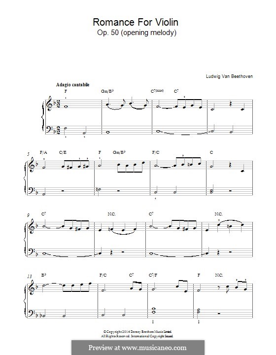 Romance for Violin and Orchestra No.2 in F Major, Op.50: Opening melody. Version for piano by Ludwig van Beethoven