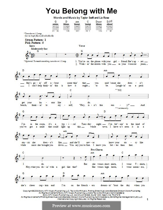 You Belong with Me (Taylor Swift): For guitar by Liz Rose