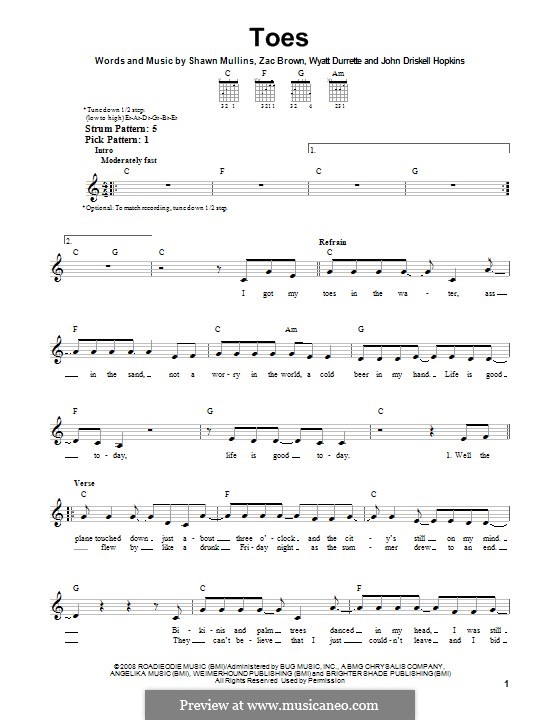 Toes (Zac Brown Band): For guitar with tab by John Driskell Hopkins, Shawn Mullins, Wyatt Durrette, Zac Brown