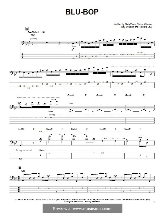 Blu-Bop (Bela Fleck & The Flecktones): For bass guitar with tab by Bela Fleck, Victor Wooten, Roy Wooten, Howard Levy