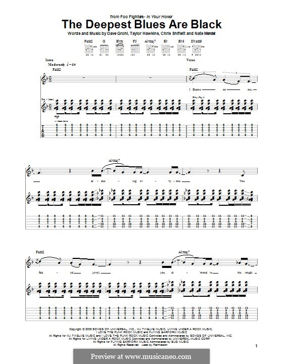 The Deepest Blues are Black (Foo Fighters): For guitar with tab by Christopher Shiflett, David Grohl, Nate Mendel, Taylor Hawkins