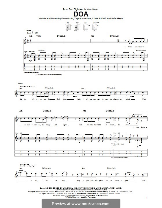 DOA (Foo Fighters): For guitar with tab by Christopher Shiflett, David Grohl, Nate Mendel, Taylor Hawkins