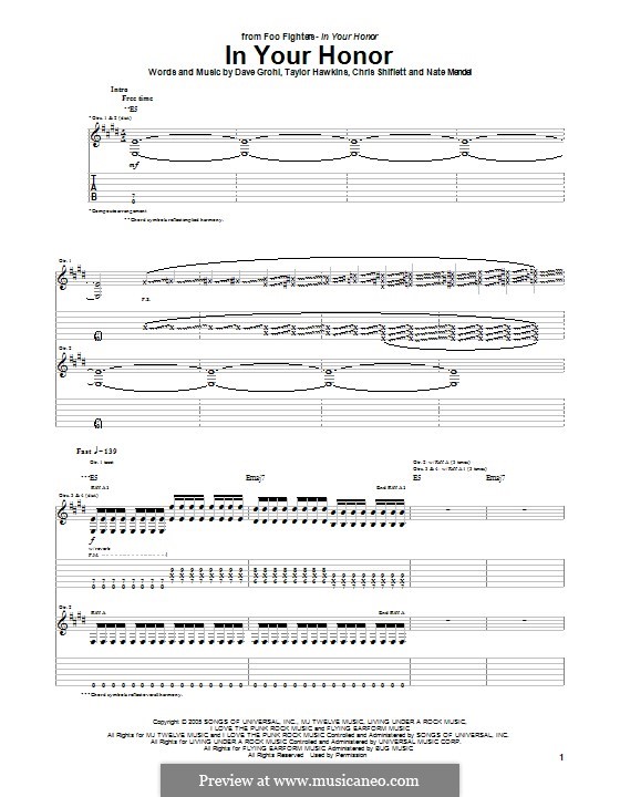 In Your Honor (Foo Fighters): For guitar with tab by Christopher Shiflett, David Grohl, Nate Mendel, Taylor Hawkins