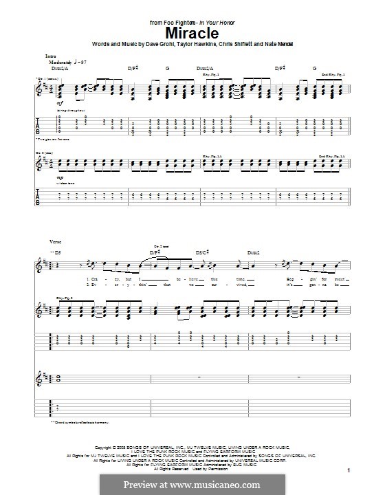 Miracle (Foo Fighters): For guitar with tab by Christopher Shiflett, David Grohl, Nate Mendel, Taylor Hawkins