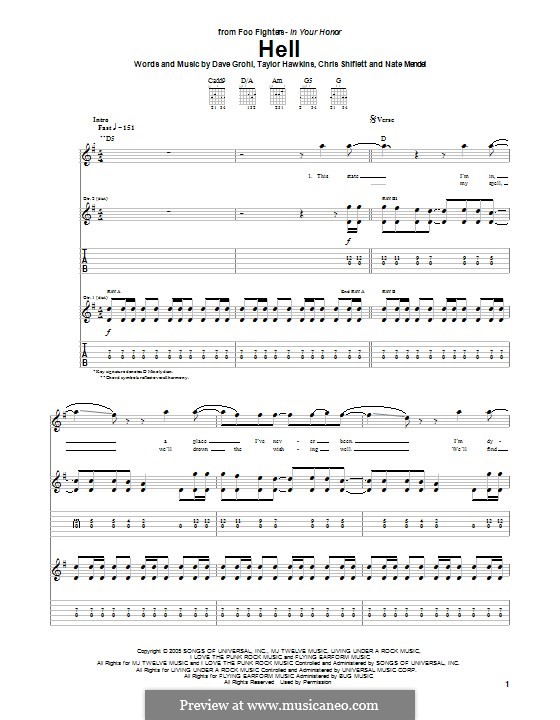 Hell (Foo Fighters): For guitar with tab by Christopher Shiflett, David Grohl, Nate Mendel, Taylor Hawkins