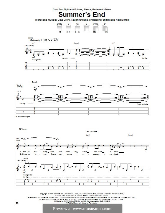 Summer's End (Foo Fighters): For guitar with tab by Christopher Shiflett, David Grohl, Nate Mendel, Taylor Hawkins