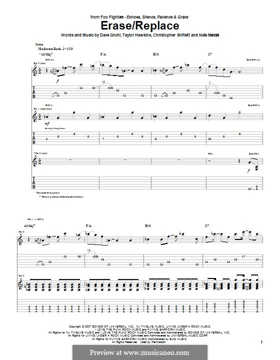 Erase/Replace (Foo Fighters): For guitar with tab by Christopher Shiflett, David Grohl, Nate Mendel, Taylor Hawkins