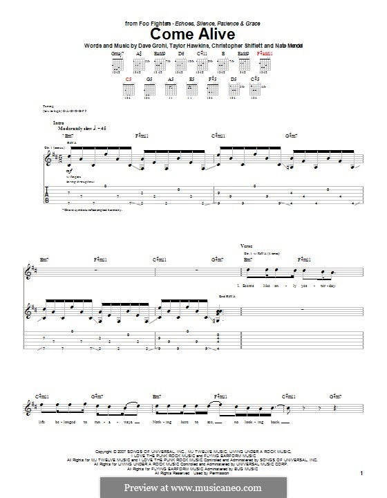 Come Alive (Foo Fighters): For guitar with tab by Christopher Shiflett, David Grohl, Nate Mendel, Taylor Hawkins