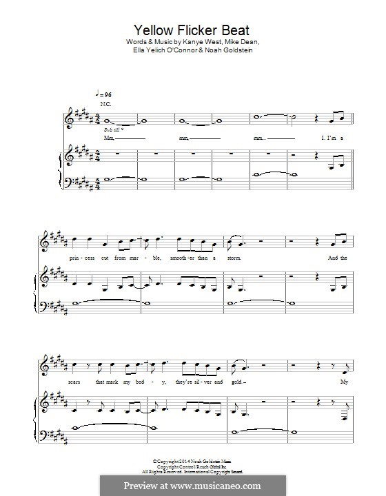 Yellow Flicker Beat (Lorde): For voice and piano (or guitar) by Kanye West, Mike Dean, Ella Yelich-O'Connor, Noah Goldstein