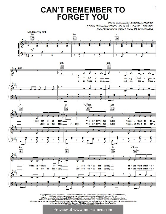 Can't Remember to Forget You (Shakira feat. Rihanna): For voice and piano (or guitar) by Erik Hassle, Tom Hull, John Hill, Daniel Ledinsky