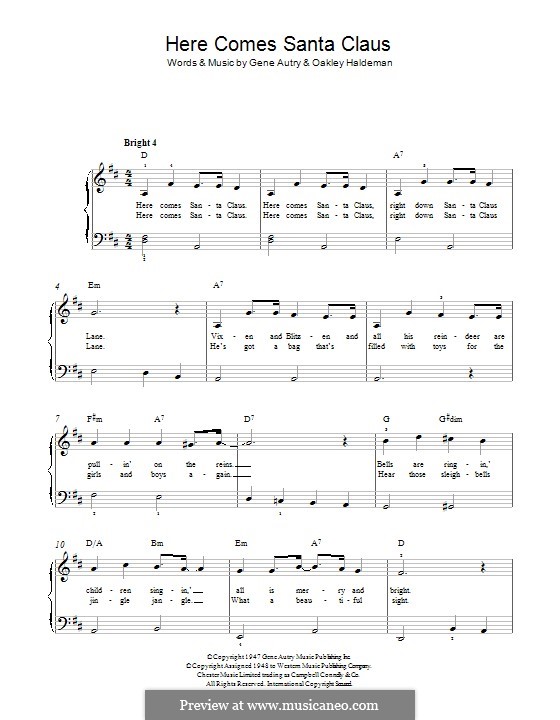 Piano version: For a single performer (D Major) by Gene Autry, Oakley Haldeman