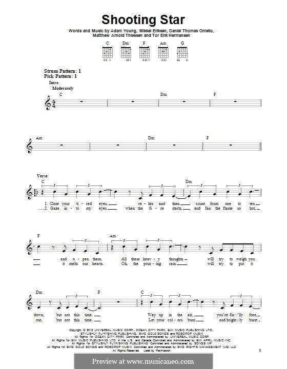 Shooting Star: For guitar with tab by Adam Young, Daniel Omelio, Matt Thiessen, Mikkel Storleer Eriksen, Tor Erik Hermansen