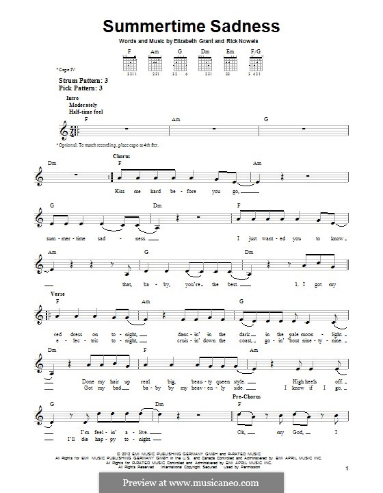 Summertime Sadness (Lana Del Rey): For guitar with tab by Rick Nowels, Elizabeth Grant