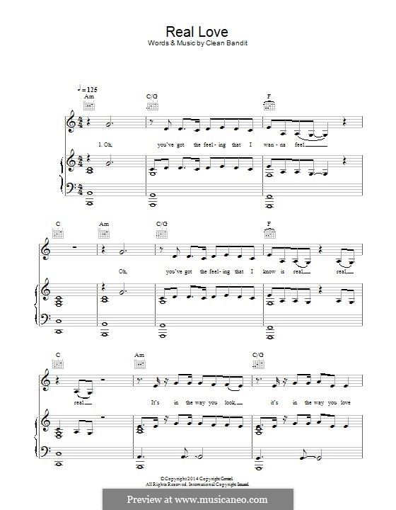Real Love (Clean Bandit): For voice and piano (or guitar) by Richard Boardman, Sarah Blanchard, Cleo Tighe, Robert Harvey, Janee Bennett