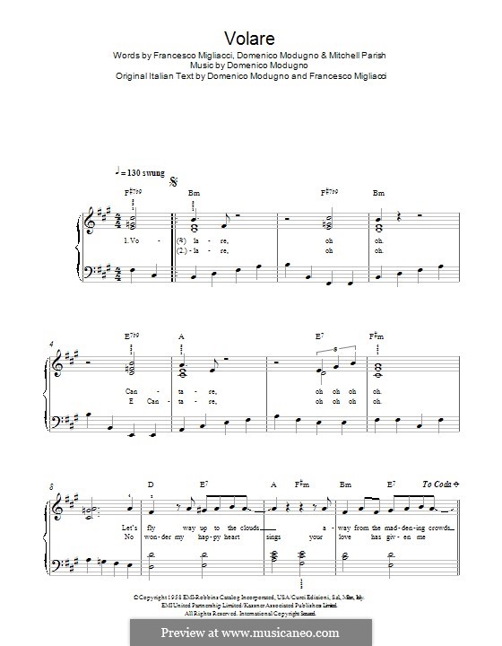 Volare (To Fly): For piano by Domenico Modugno