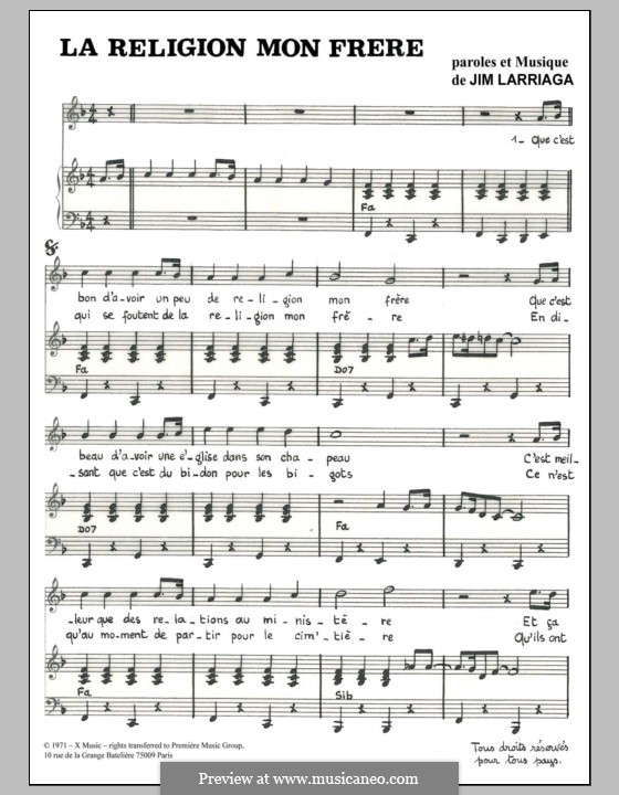 La Religion Mon Frere: For voice and piano by Jim Larriaga