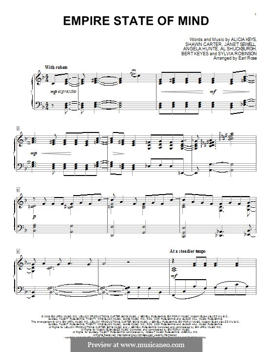 Empire State of Mind: For piano (Earl Rose) by Alexander Shuckburgh, Alicia Keys, Angela Hunte, Bert Keyes, Janet Sewell-Ulepic, Jay-Z, Sylvia Robinson