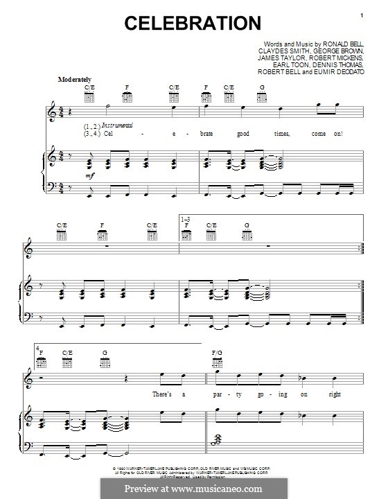 Celebration (Kool and The Gang): For voice and piano (or guitar) by James Taylor, Claydes Smith, Dennis Thomas, Earl Toon, Eumir Deodato, George Brown, Robert Bell, Robert Mickens, Ronald Bell